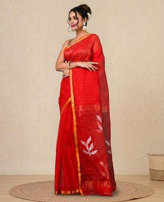 red sequin work resham silk blend soft saree 2