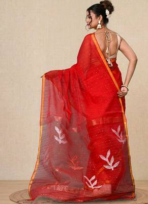 red sequin work resham silk blend soft saree 3