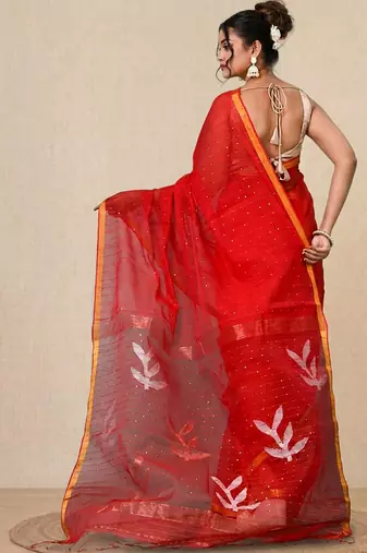 red sequin work resham silk blend soft saree