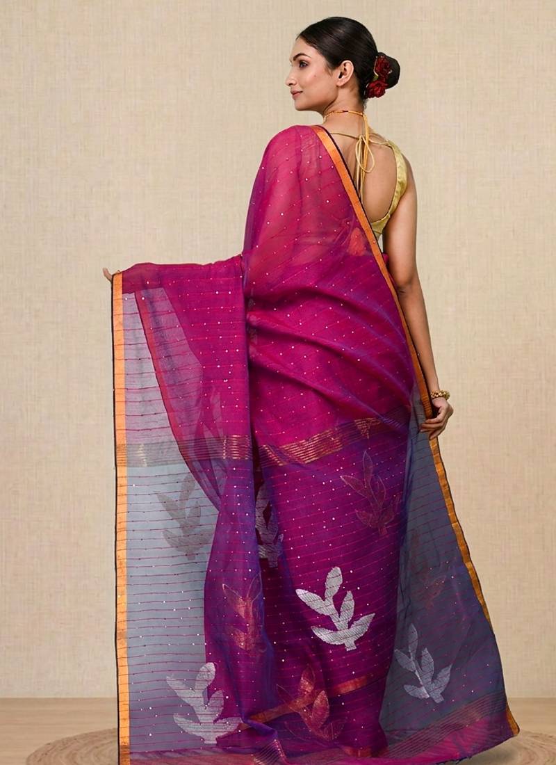 purple sequin work resham silk blend soft saree