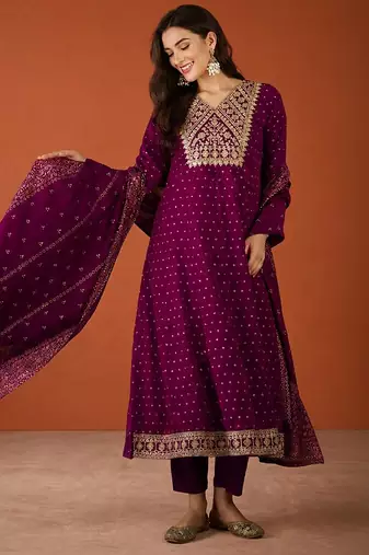 Women's Gorgeous Embroidery Work Vichitra Silk Fabric Flared Kurta Pant and Dupatta Set