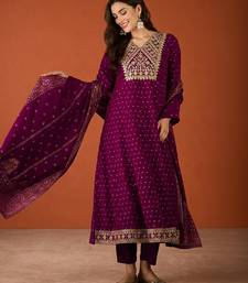 Women's Gorgeous Embroidery Work Vichitra Silk Fabric Flared Kurta Pant and Dupatta Set