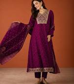 Women's Gorgeous Embroidery Work Vichitra Silk Fabric Flared Kurta Pant and Dupatta Set