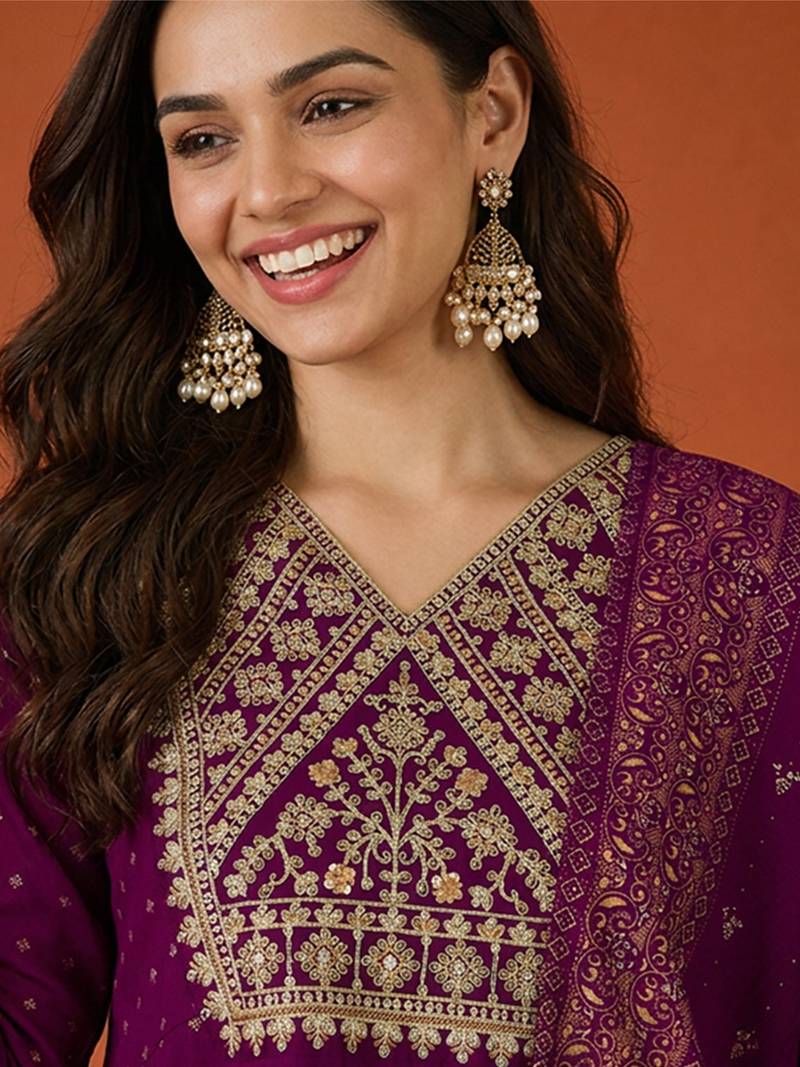 Women's Gorgeous Embroidery Work Vichitra Silk Fabric Flared Kurta Pant and Dupatta Set