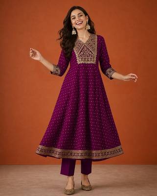 Women's Gorgeous Embroidery Work Vichitra Silk Fabric Flared Kurta Pant and Dupatta Set 5