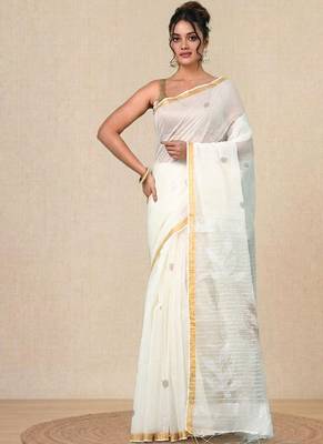 off white sequin work resham silk blend soft saree 1