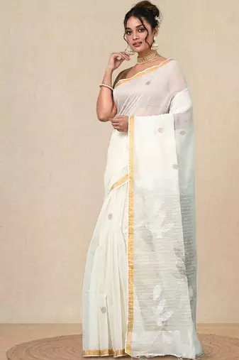 off white sequin work resham silk blend soft saree