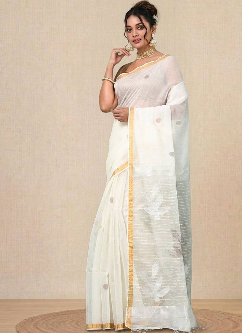off white sequin work resham silk blend soft saree