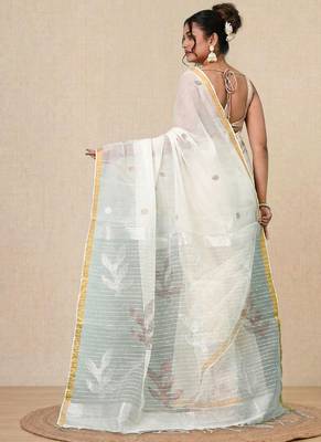 off white sequin work resham silk blend soft saree 3