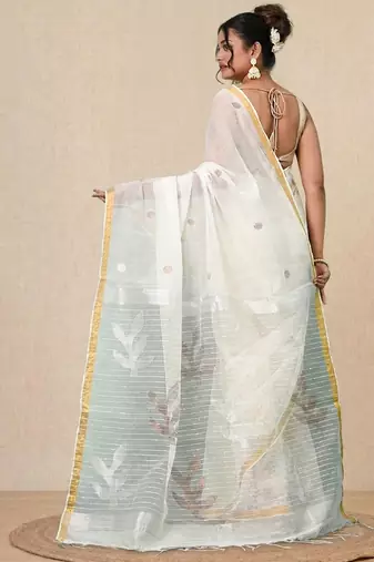 off white sequin work resham silk blend soft saree