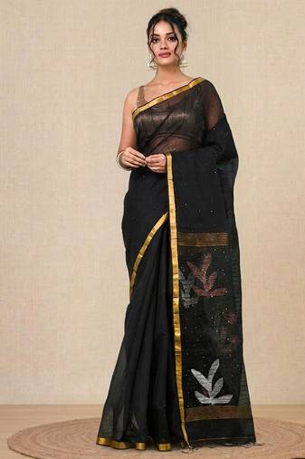 black sequin work resham silk blend soft saree
