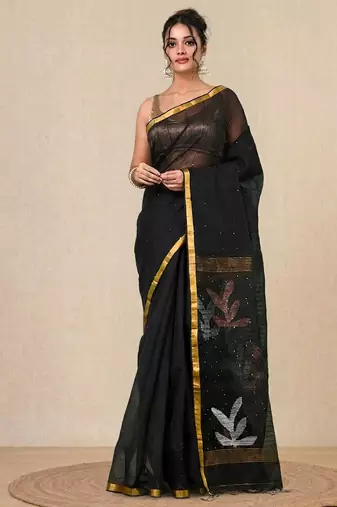 black sequin work resham silk blend soft saree