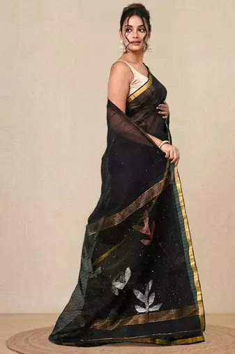 black sequin work resham silk blend soft saree