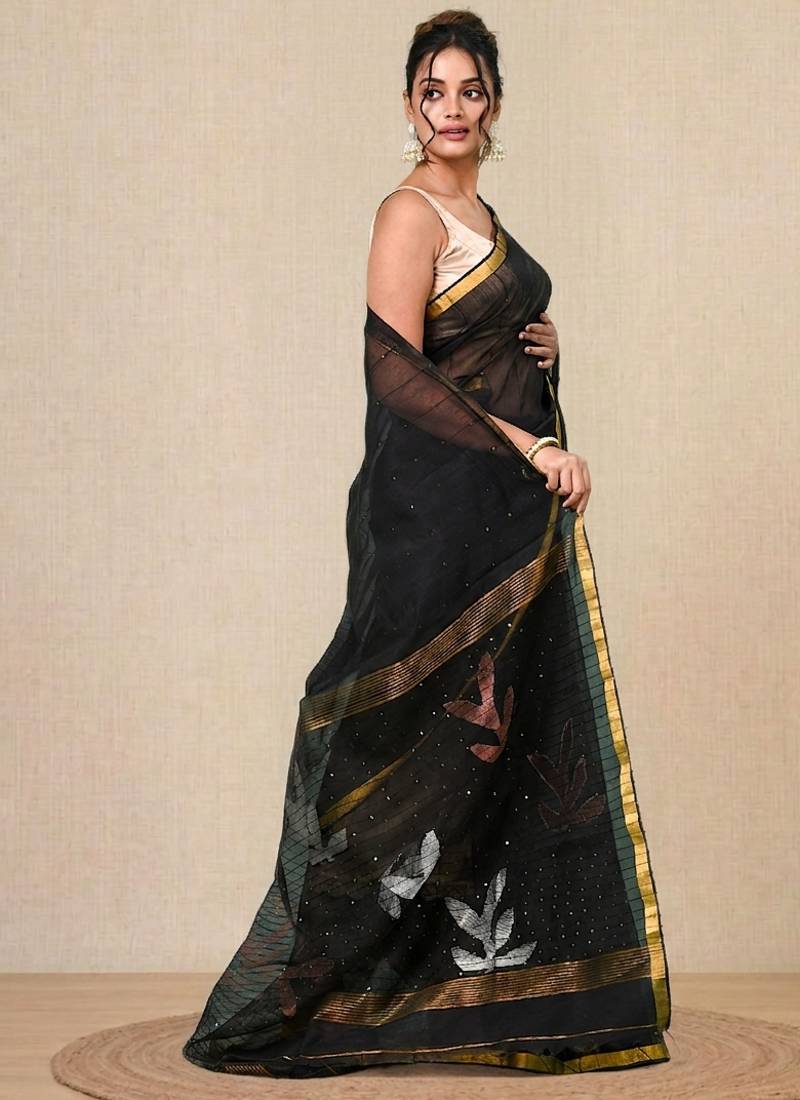 black sequin work resham silk blend soft saree
