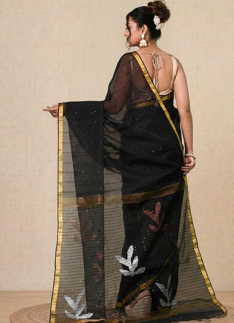 black sequin work resham silk blend soft saree