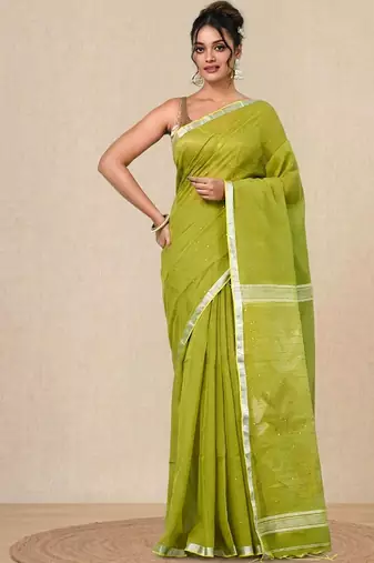 lime green sequin work resham silk blend soft saree