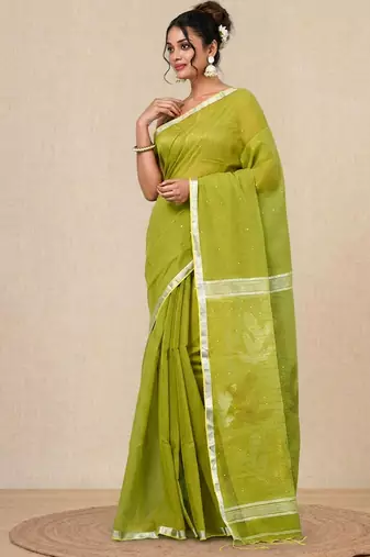 lime green sequin work resham silk blend soft saree