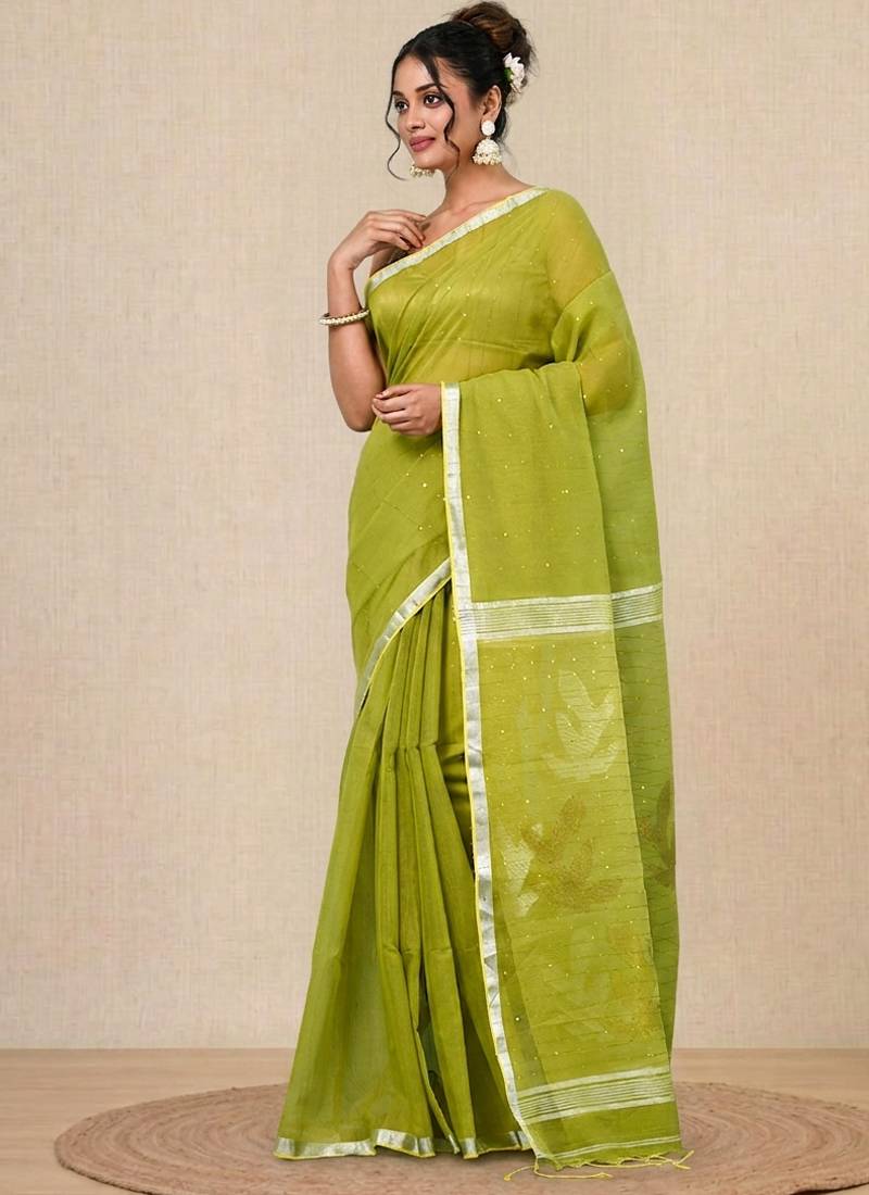 lime green sequin work resham silk blend soft saree