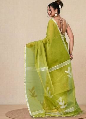 lime green sequin work resham silk blend soft saree 3