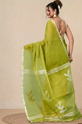 lime green sequin work resham silk blend soft saree