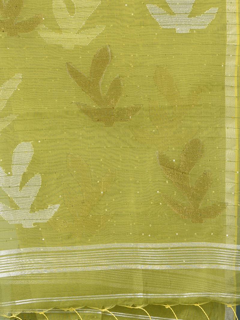 lime green sequin work resham silk blend soft saree
