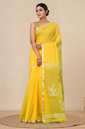 yellow sequin work resham silk blend soft saree