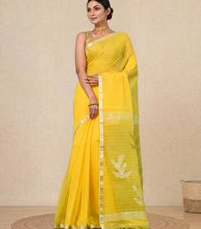 yellow sequin work resham silk blend soft saree