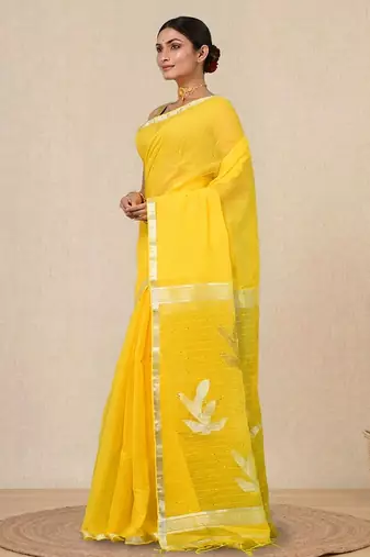 yellow sequin work resham silk blend soft saree