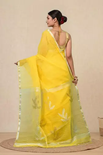 yellow sequin work resham silk blend soft saree