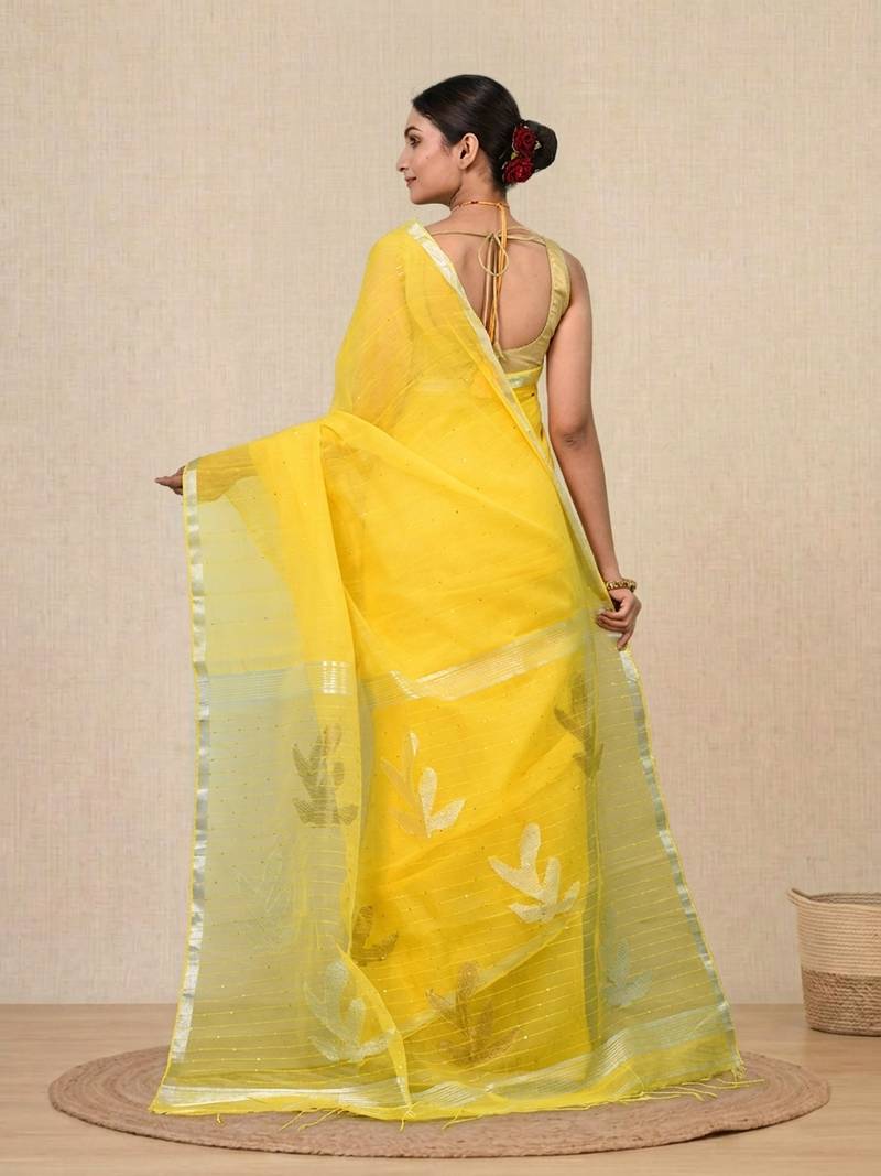 yellow sequin work resham silk blend soft saree