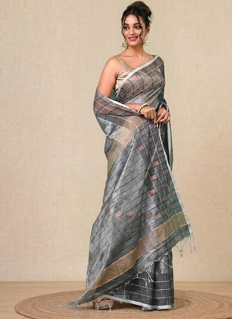 Silver solid rasham tissue soft saree