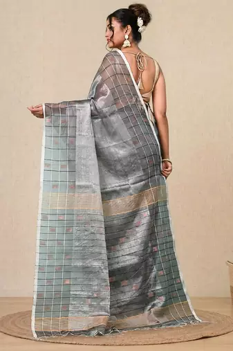 Silver solid rasham tissue soft saree