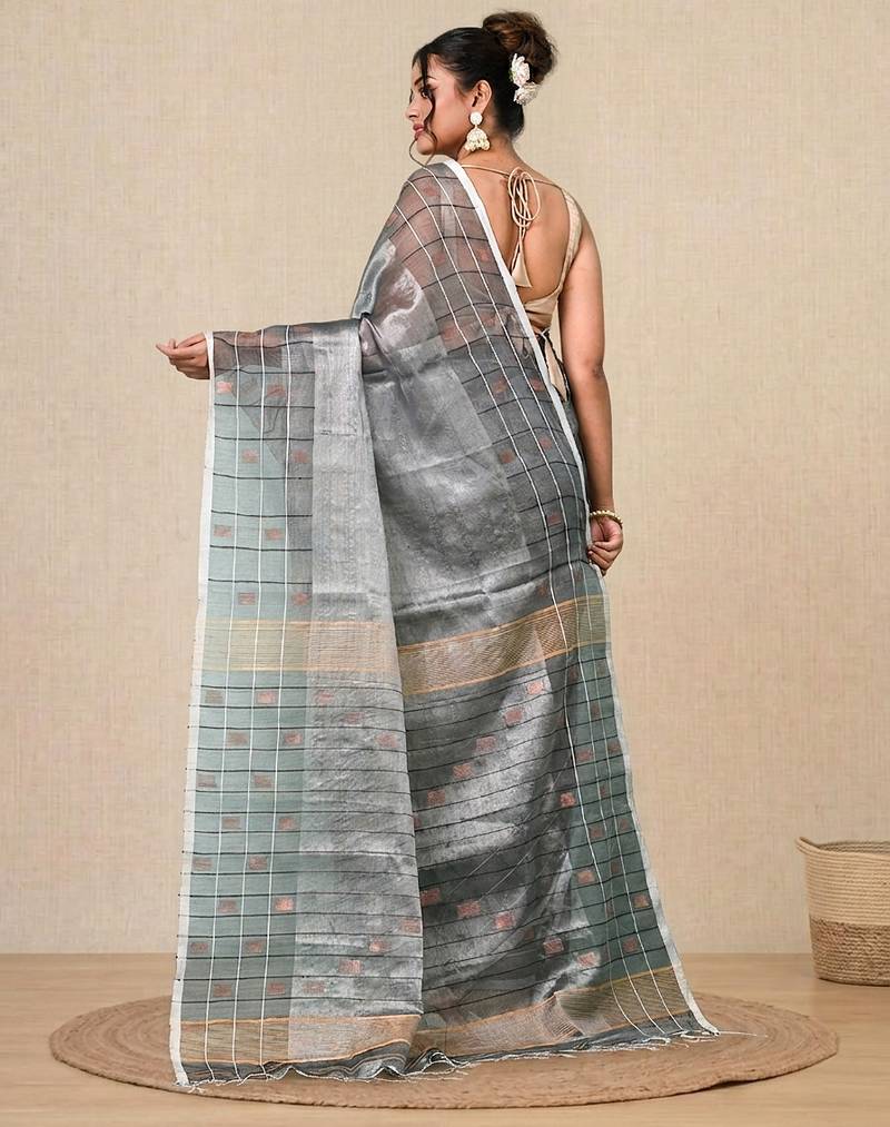 Silver solid rasham tissue soft saree
