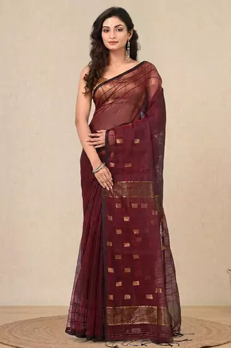 maroon solid resham silk blend soft saree