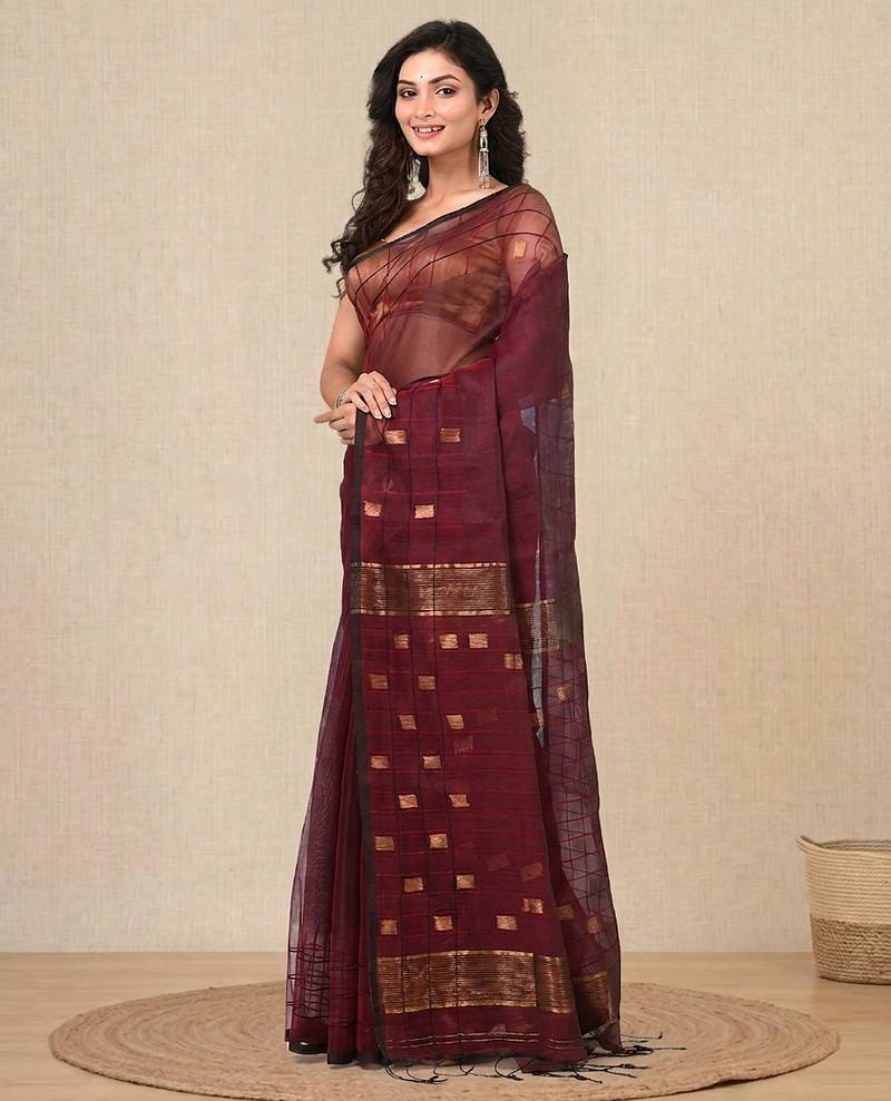 maroon solid resham silk blend soft saree