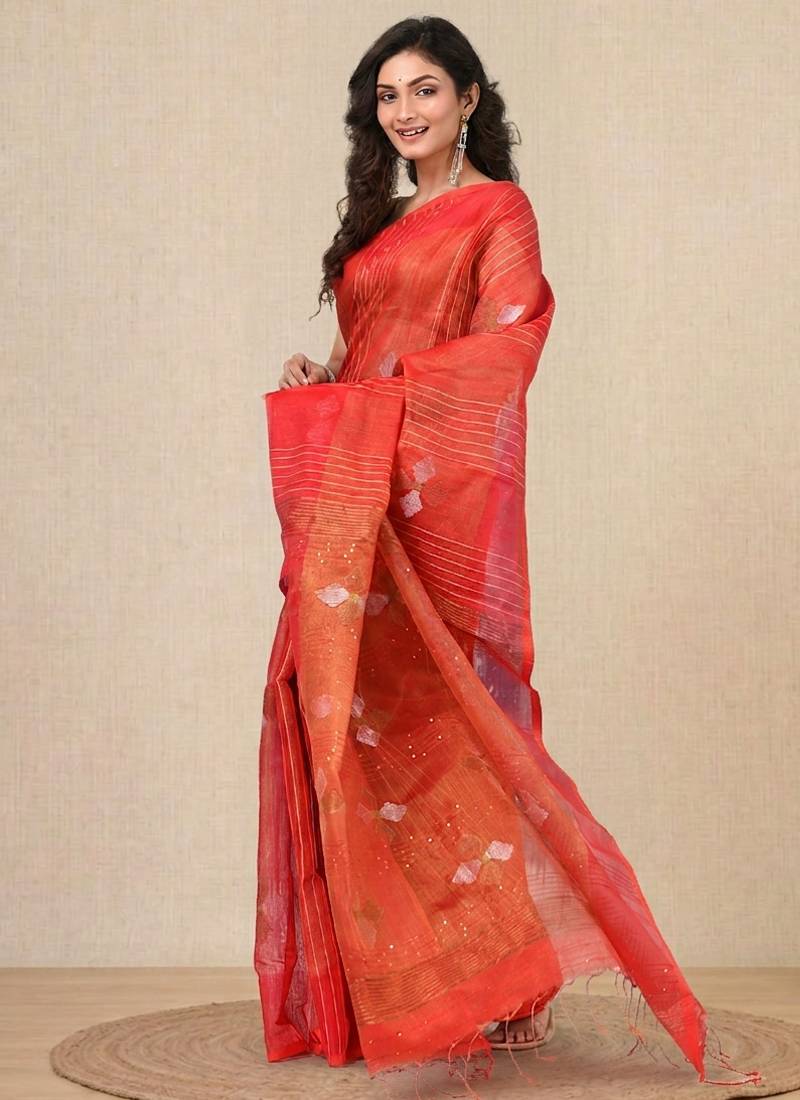 Red stripes tissue soft saree