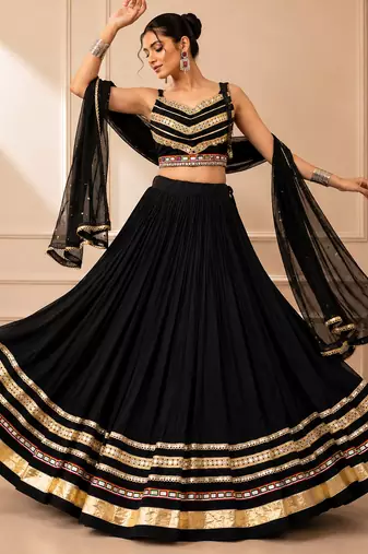 Black Cotton Gamthi Work Lehenga Choli with Georgette Dupatta