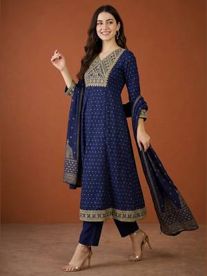 Embroidered Vichitra Silk Flared Kurta Pant and Dupatta Set 1
