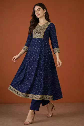 Embroidered Vichitra Silk Flared Kurta Pant and Dupatta Set