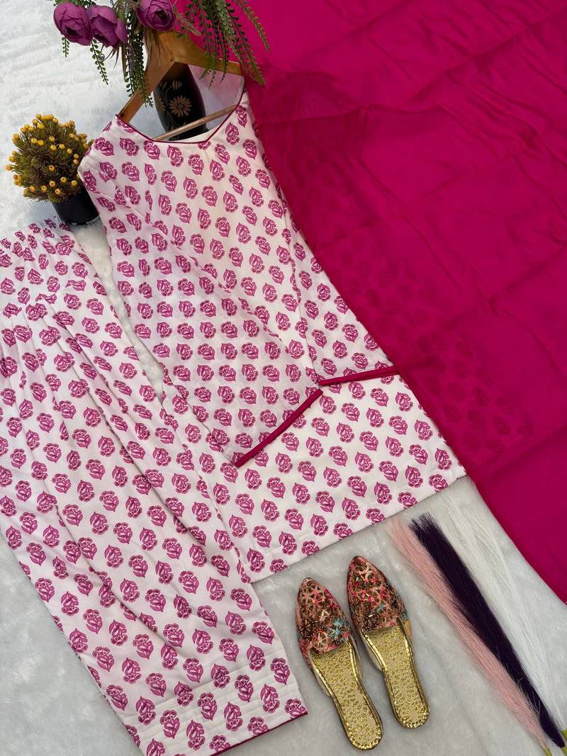 White Color Printed Work Cotton Salwar Suit