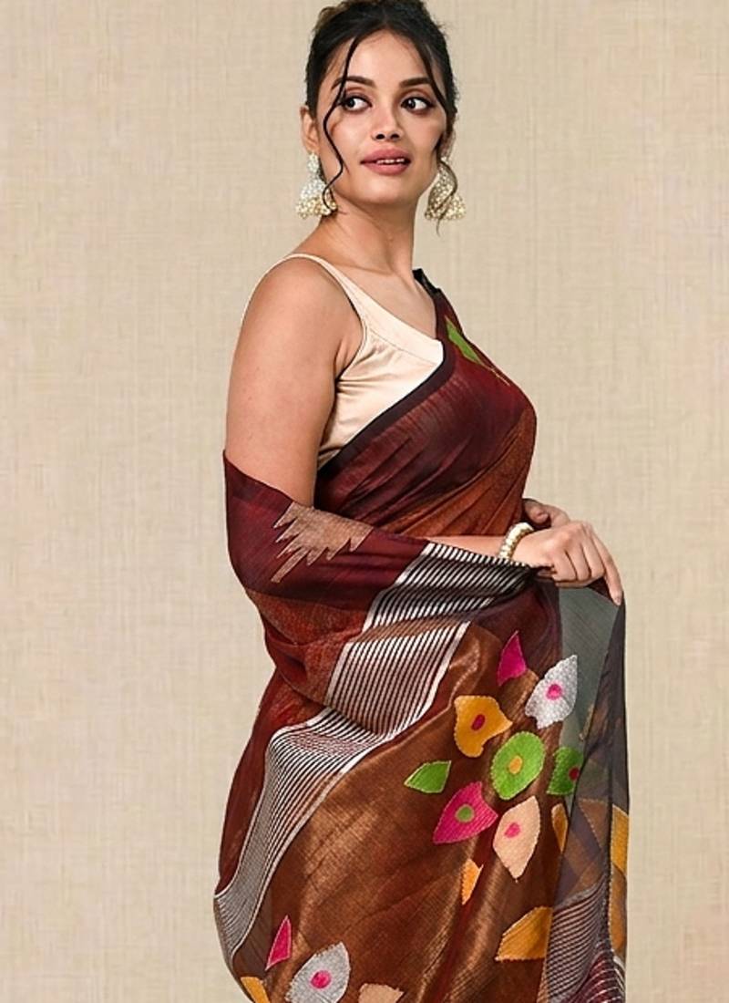 Maroon texture design tissue soft saree