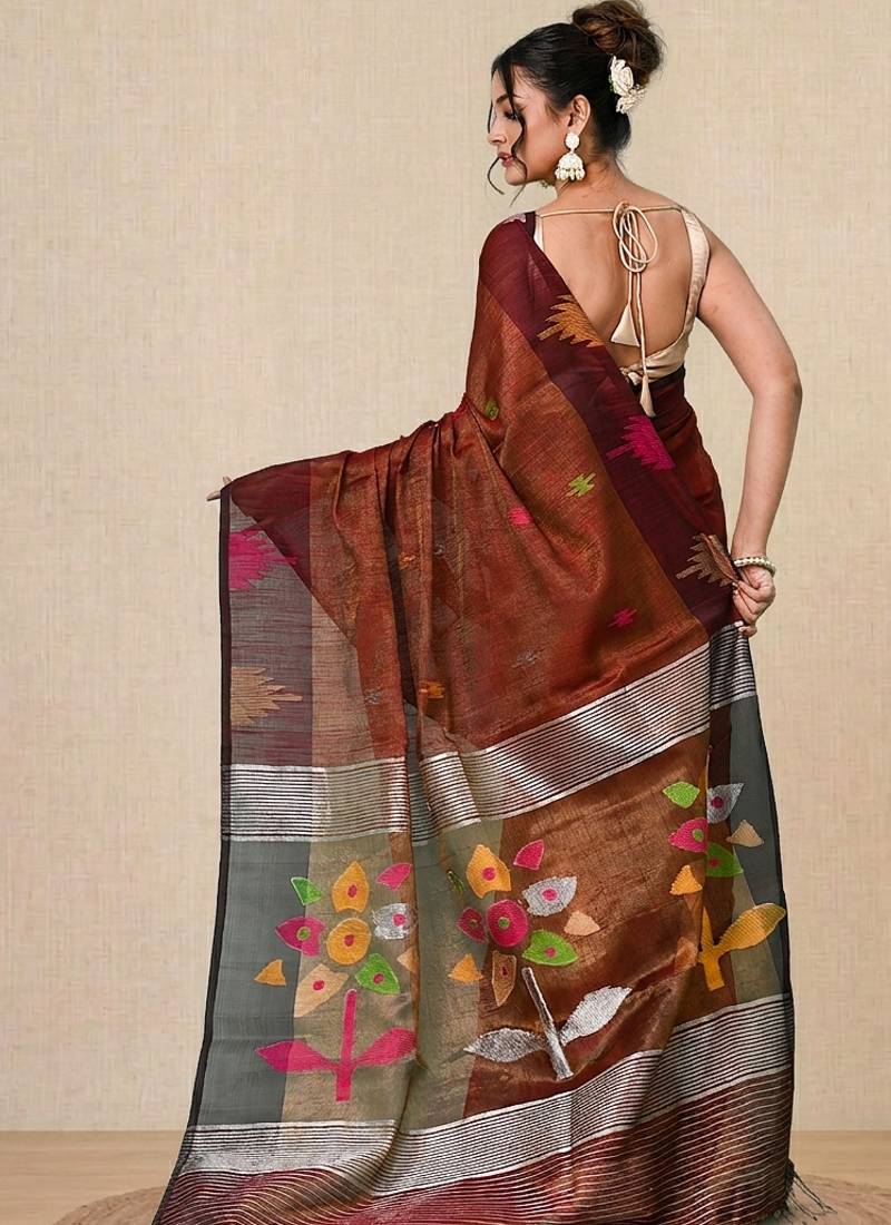 Maroon texture design tissue soft saree