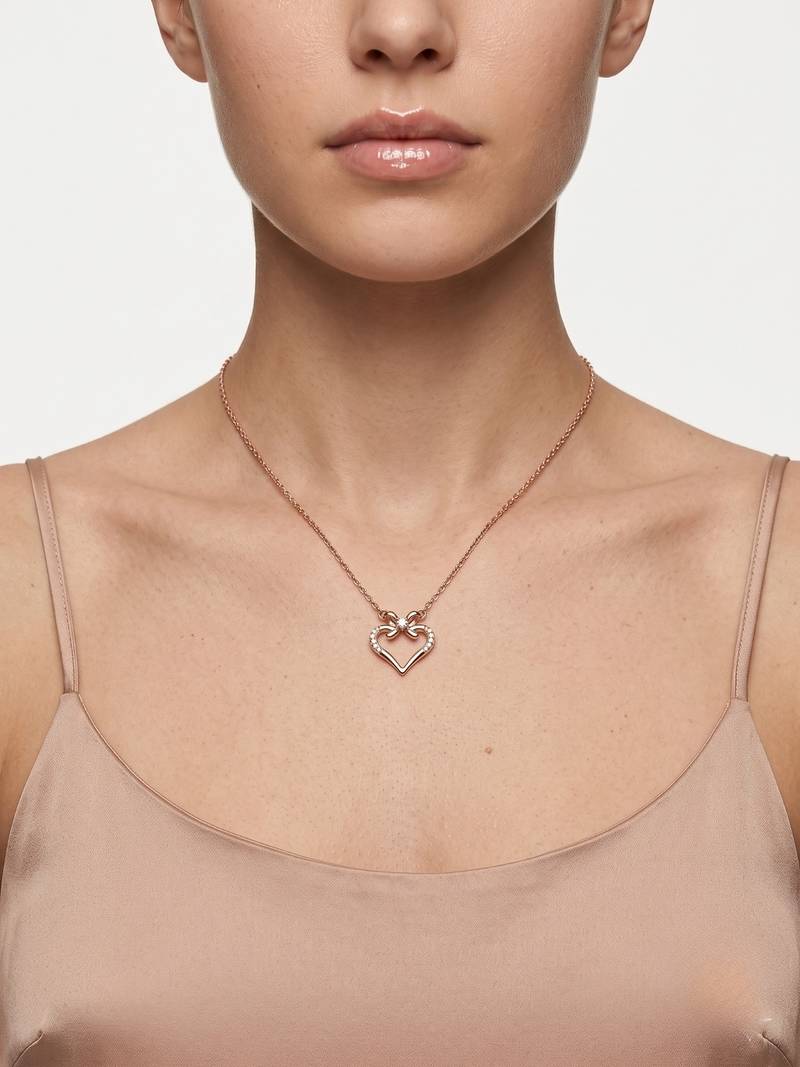 925 Sterling Silver Rose Gold Plated Bow Heart Pendant Necklace  Set for Women