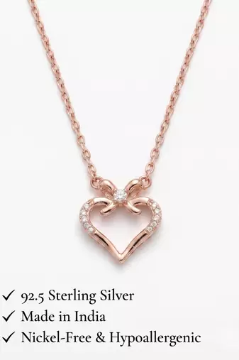 925 Sterling Silver Rose Gold Plated Bow Heart Pendant Necklace  Set for Women