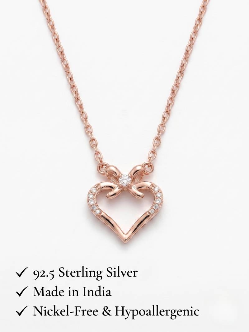 925 Sterling Silver Rose Gold Plated Bow Heart Pendant Necklace  Set for Women