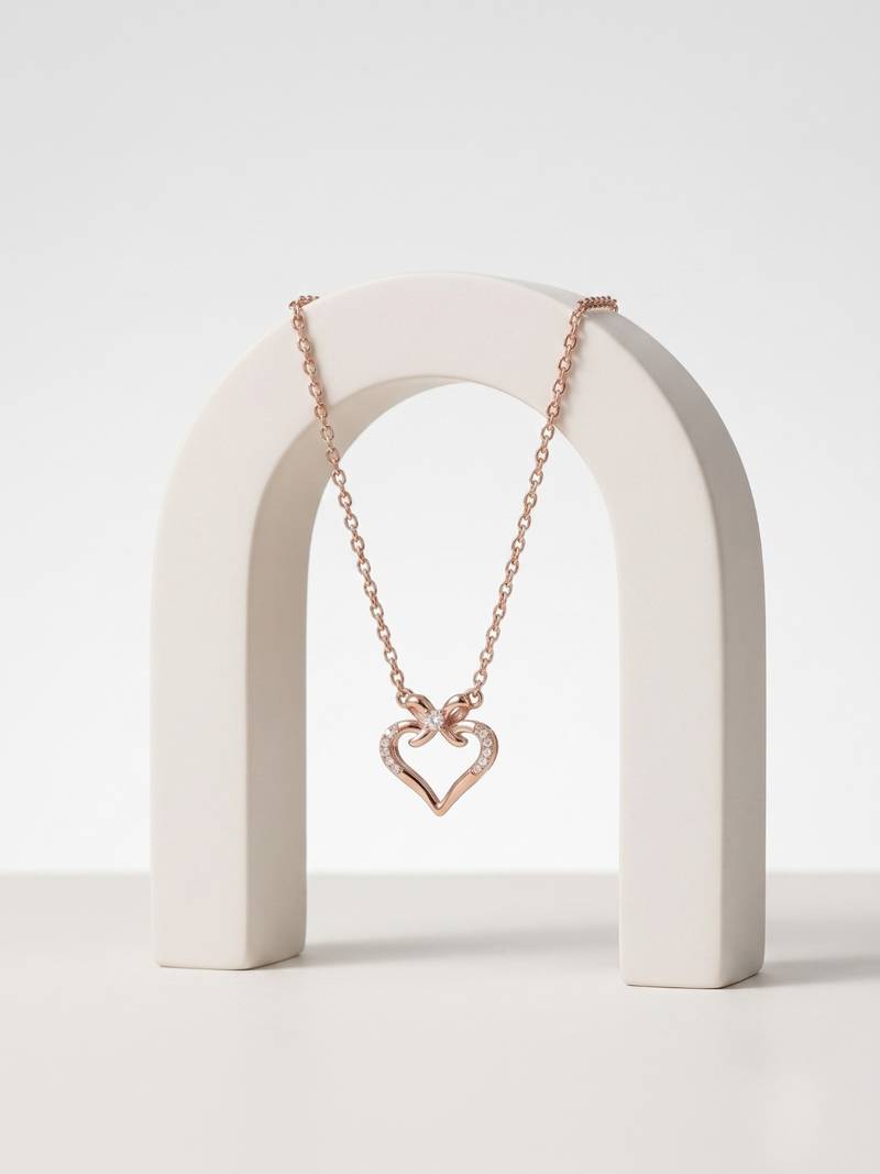 925 Sterling Silver Rose Gold Plated Bow Heart Pendant Necklace  Set for Women