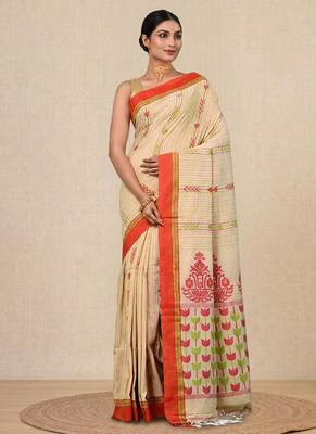 beige geometric pattern cotton blend soft saree 1