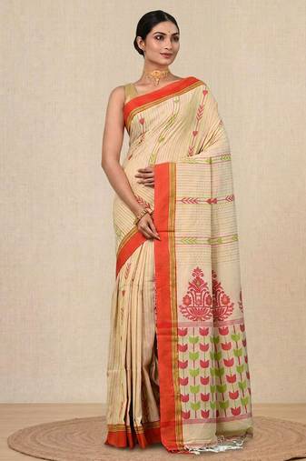 beige geometric pattern cotton blend soft saree