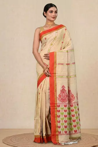 beige geometric pattern cotton blend soft saree