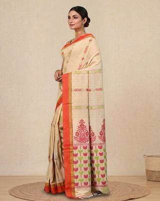 beige geometric pattern cotton blend soft saree 2